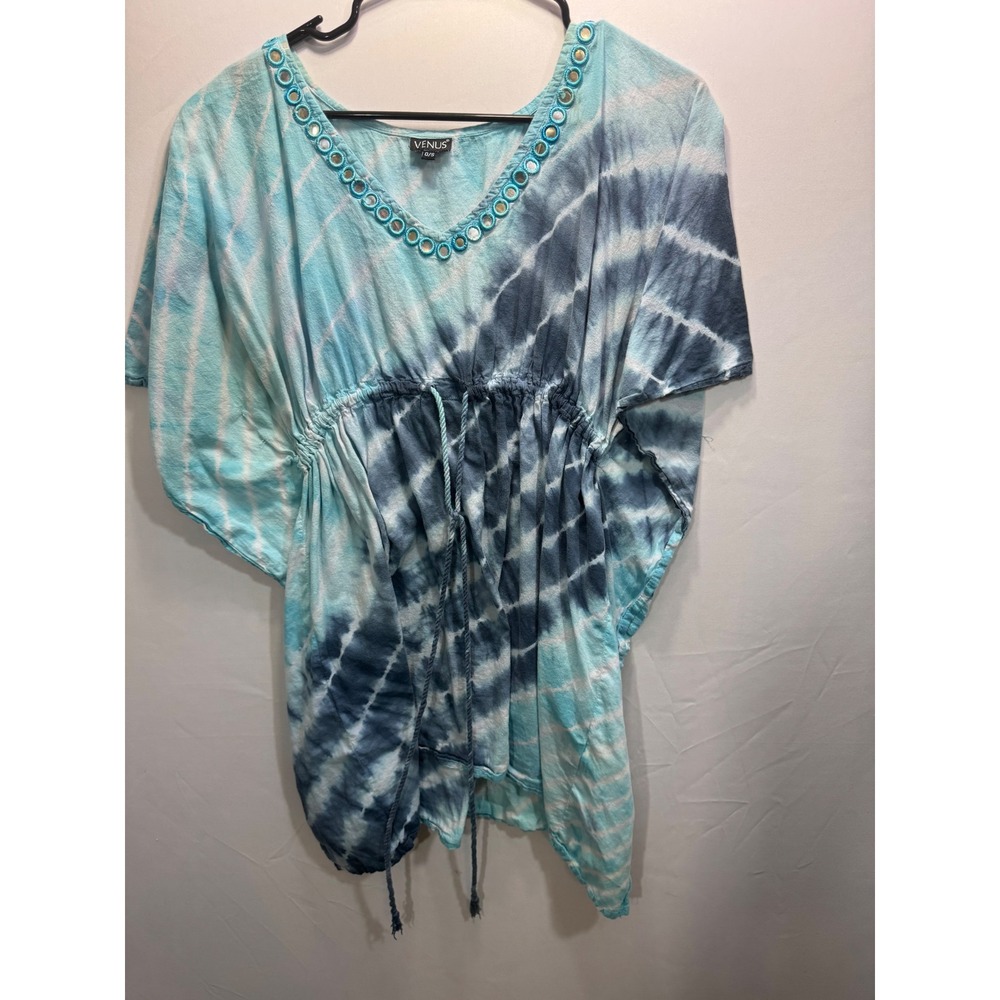 Venus Blue Tie Dye V-Neck Kaftan Beach Cover Up Tunic Top Mirror Detail OS